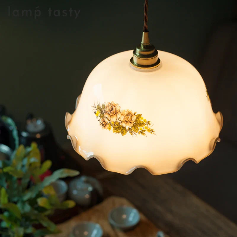 Suspension LED Vintage en verre avec motifs floraux pour intérieur