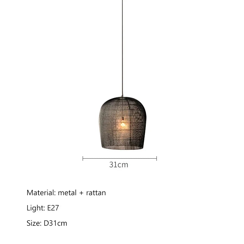 Suspension japonaise en rotin wabi-sabi avec éclairage LED