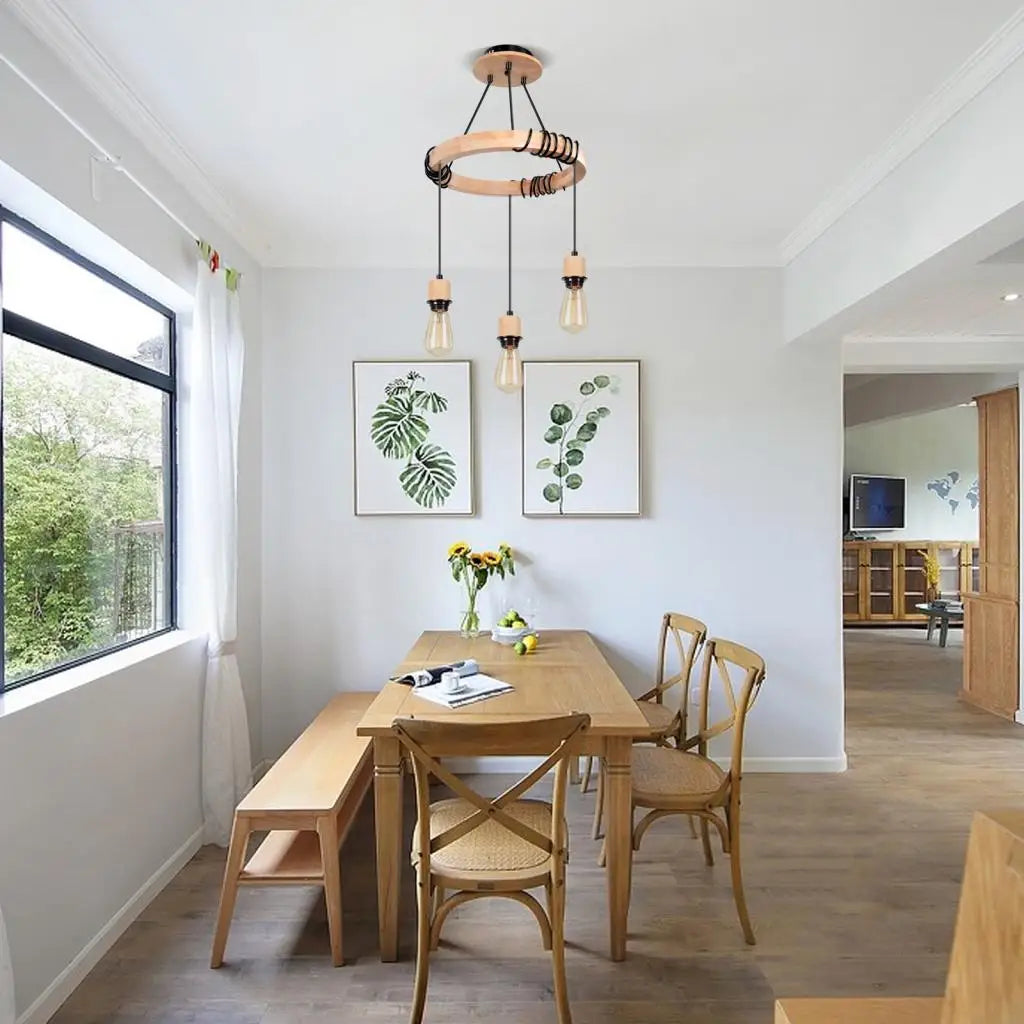 Lustre nordique à suspension industrielle en bois avec 3 têtes  pour chambre salon cuisine