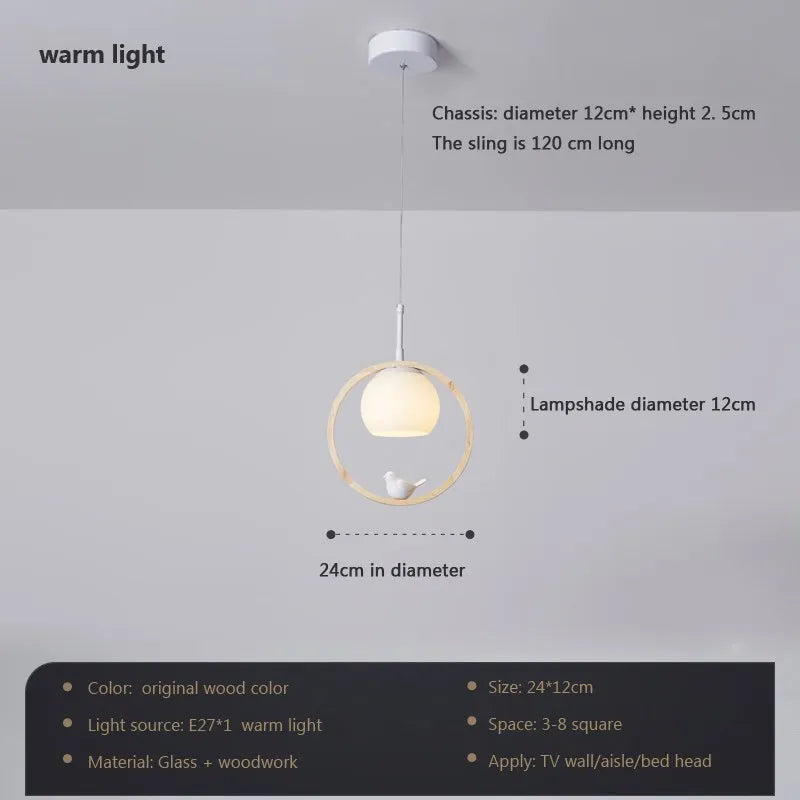 Suspension LED nordique en verre - Oiseau rond en bois