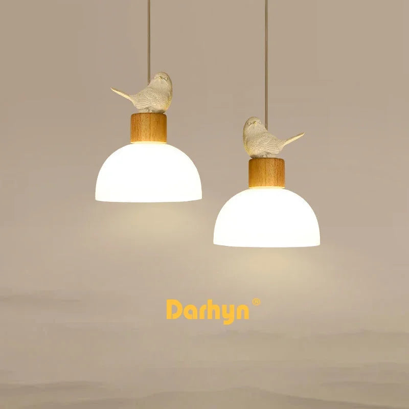 Suspension LED en verre design nordique avec petit oiseau créatif