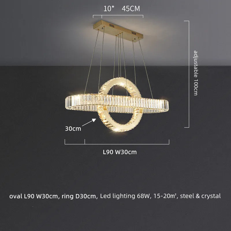 Lustre LED moderne en acier doré avec cristaux et câble ajustable