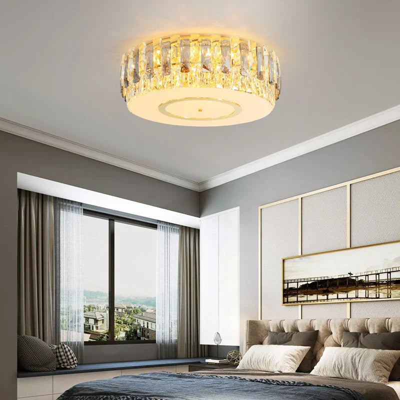 Lustre LED dimmable en verre cristal rond argent - Style moderne