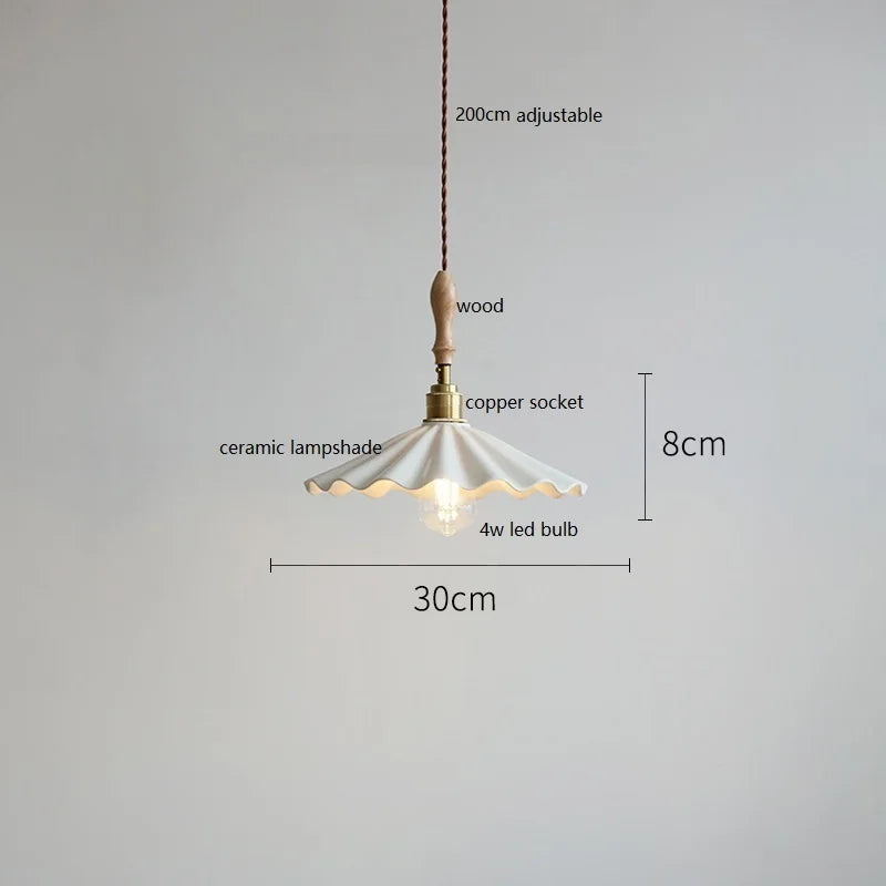 Suspension japonaise en céramique et bois de frêne vintage