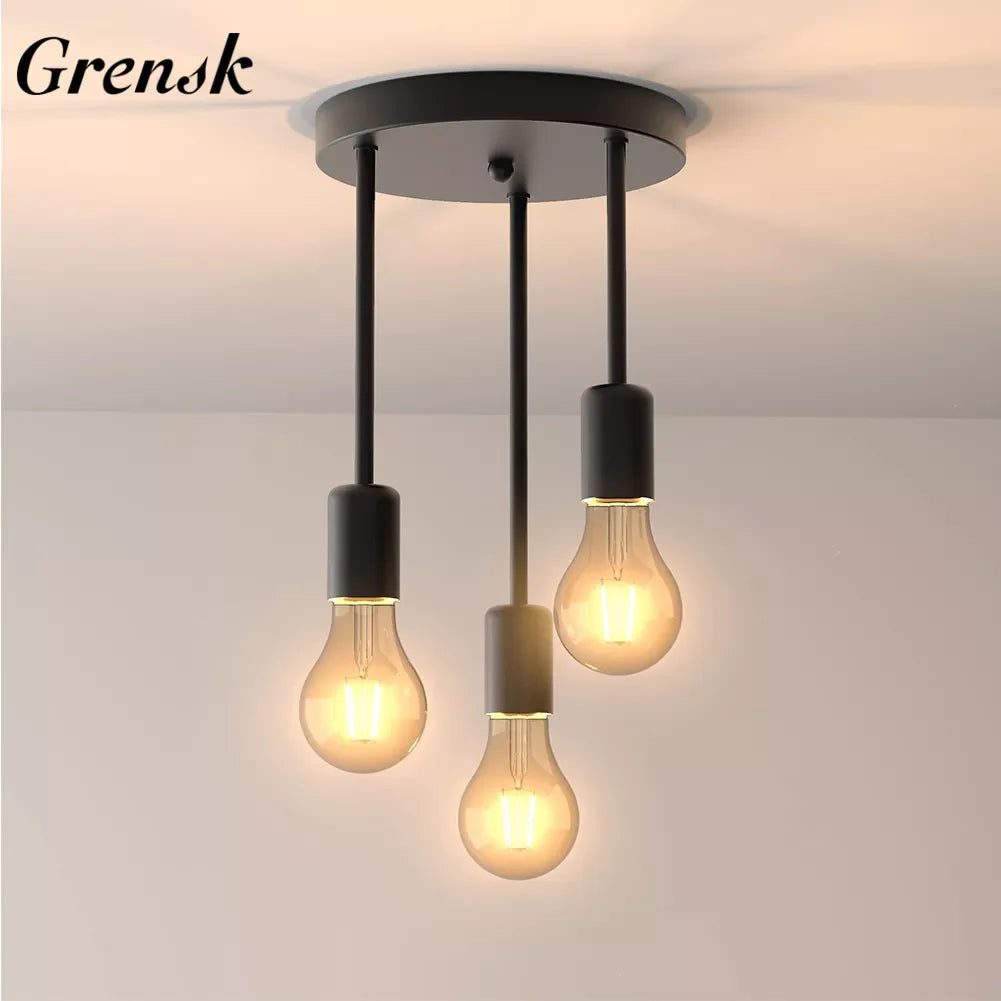 Grensk - Plafonnier Industriel Noir 3 Têtes Ampoules Luminaire Vintage Pour Cuisine Balcon Porche Salon
