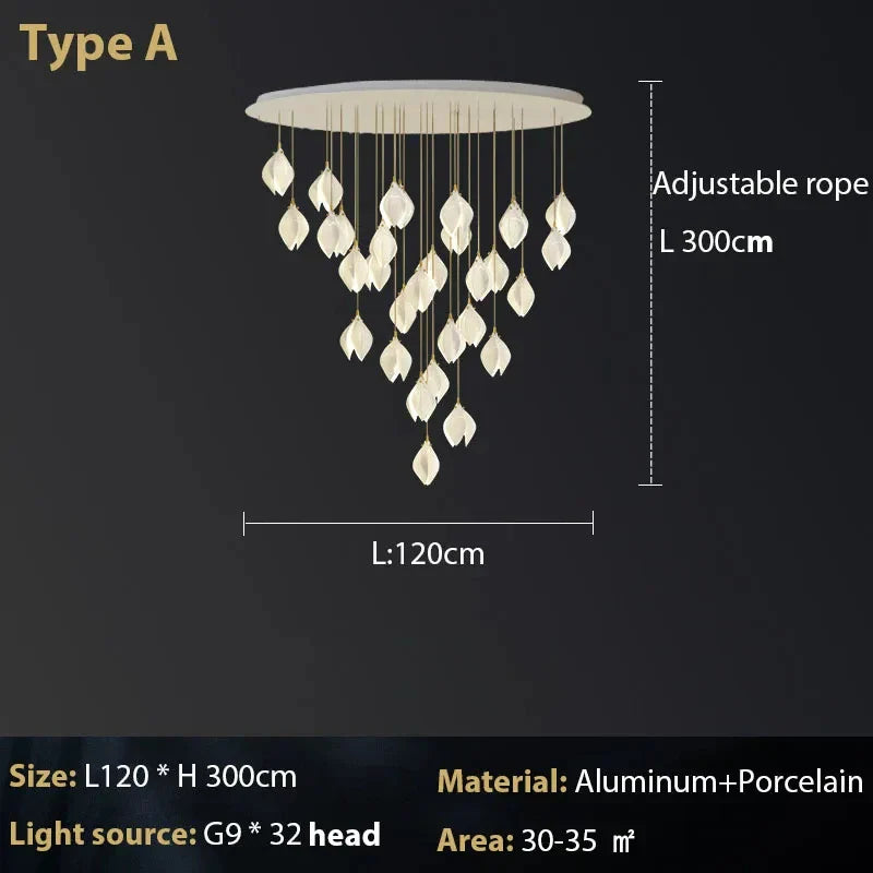 Suspension design Escalier moderne pour hôtel de luxe en céramique avec éclairage LED en forme de pétale
