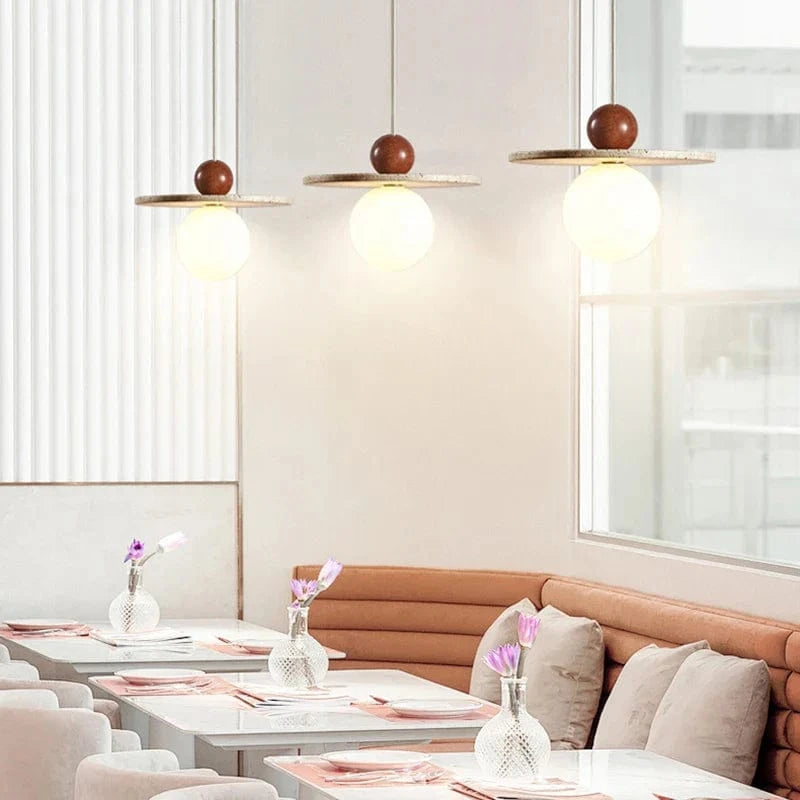 Lustre rond en pierre et bois avec cordon réglable - Livraison directe assurée