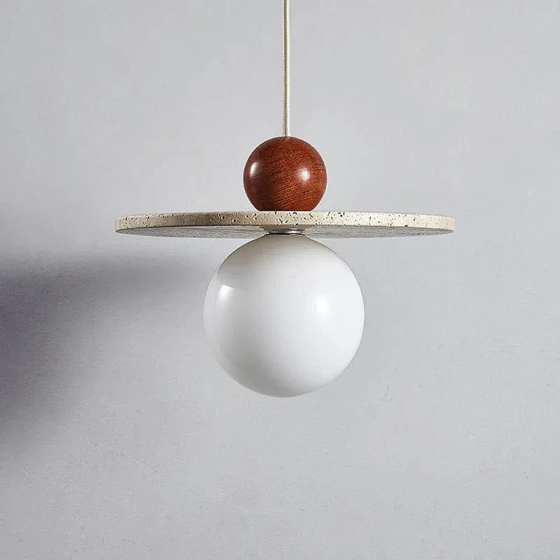 Lustre rond en pierre et bois avec cordon réglable - Livraison directe assurée