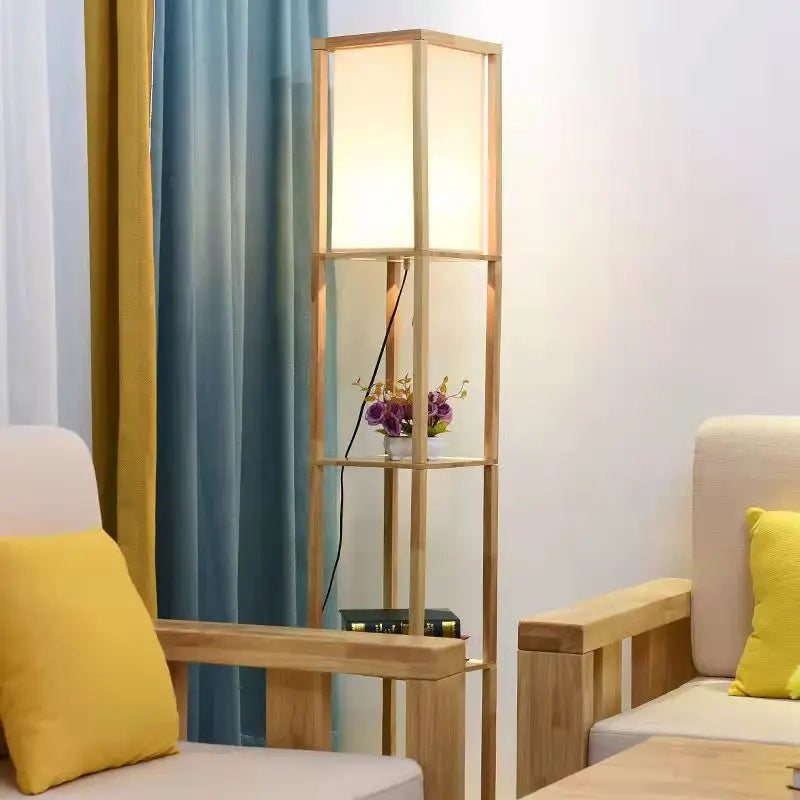 Lampadaire LED SkyFlo Nordic - Étagère de rangement en bois massif avec support fleur - Pour salon, chambre, bibliothèque