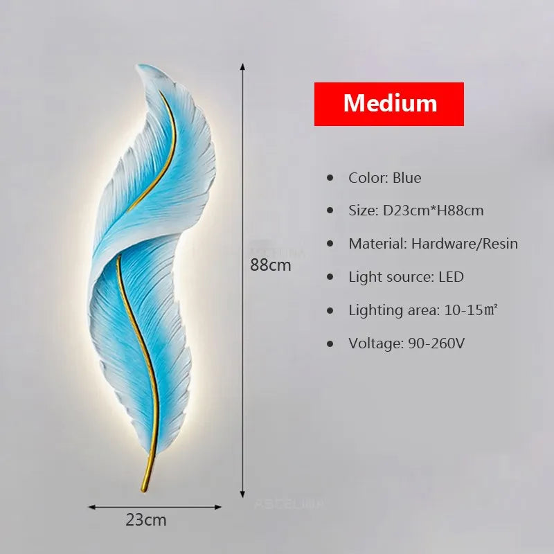 Applique murale LED Plume en résine - Modèle Moderne aux Couleurs Rose et Bleu