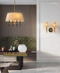 Suspension Luminaire Chinois en Tissu Circulaire avec Finition Cuivrée