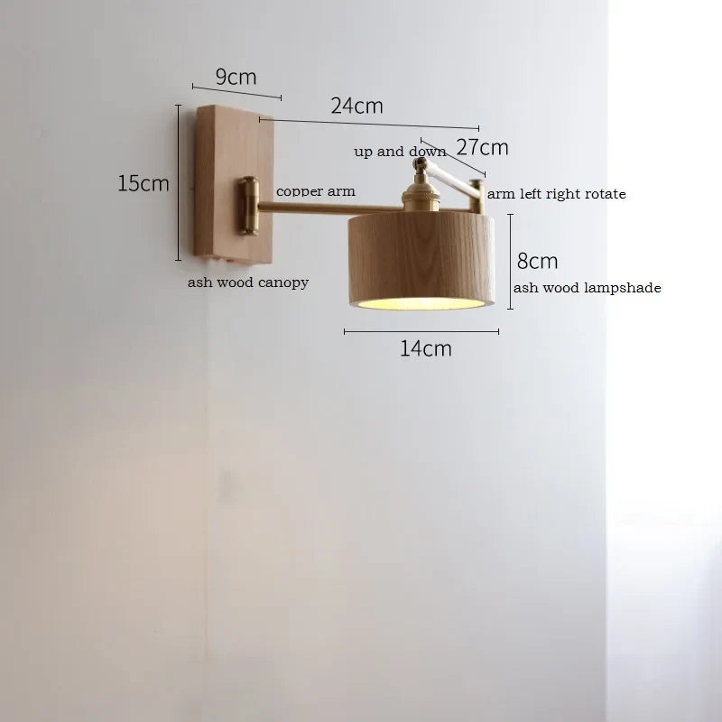 Applique murale IWDH en bois de frêne et noyer avec interrupteur à chaîne