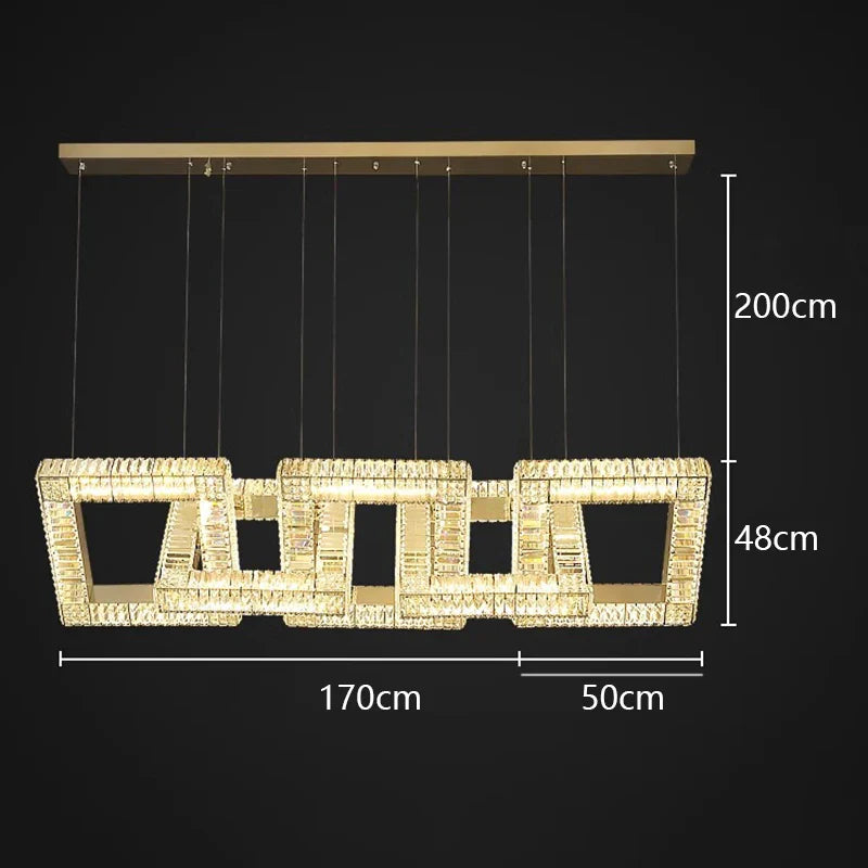 Lustre design carré en cristal doré moderne.