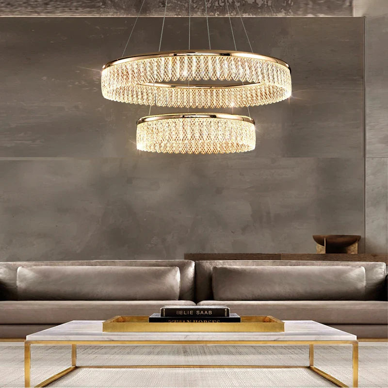 Lustre LED en cristal Losange Rond à plusieurs anneaux de luxe 2024