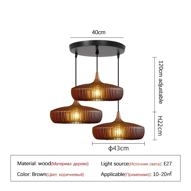 Lustre en bois rond rétro pour table de restaurant avec LED - Style Vintage et Élégance Moderne