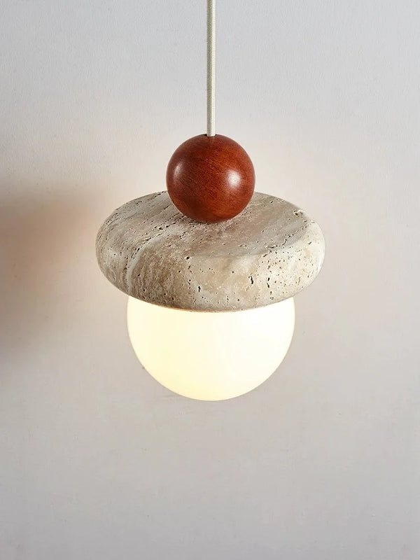 Suspension Led Style crème médiévale Memphis - Petite pierre claire et bois