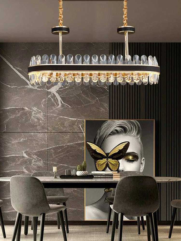 Lustre en cuir LED Cristal Luxueux Rond Suspendu Moderne - Élégance Brillante