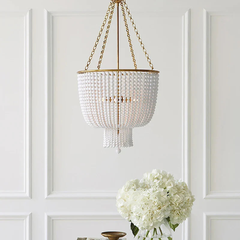Lustre en cristal doré/chrome avec perles en bois - Éclairage LED E14 reconnaissable