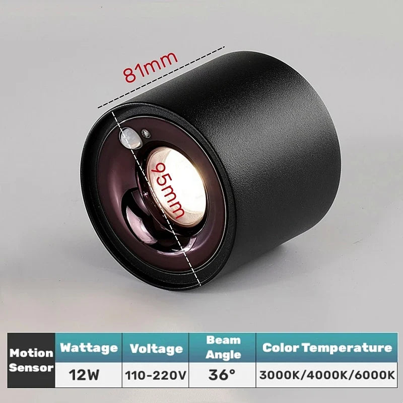 Spot détecteur de mouvement LED 12W - Surface monté - Anti-éblouissement - Smart - Escalier, Chambre, Maison