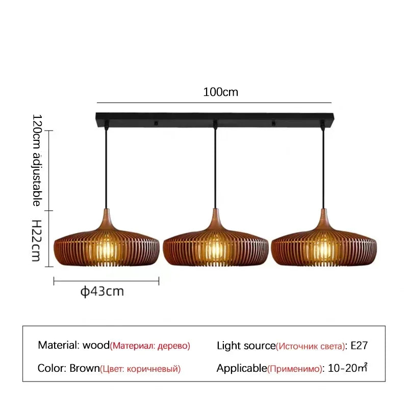 Lustre en bois rond rétro pour table de restaurant avec LED - Style Vintage et Élégance Moderne