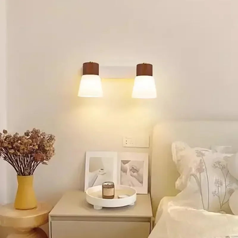 Applique murale nordique LED Double tête, bois et verre