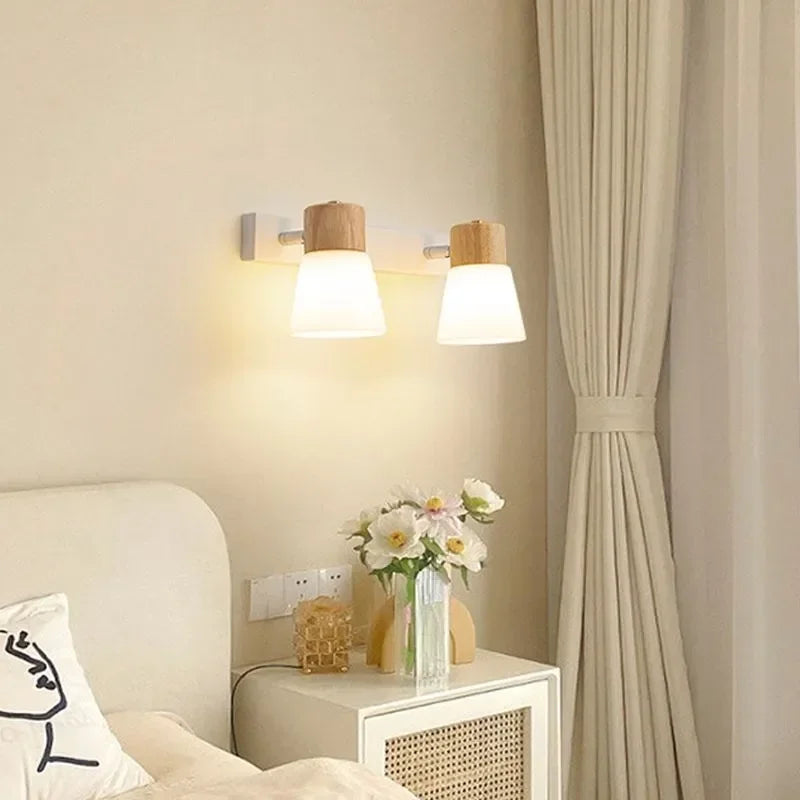 Applique murale nordique LED Double tête, bois et verre