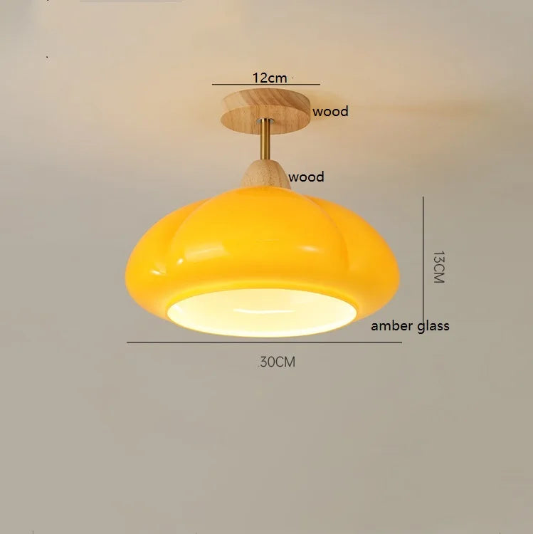 Suspension "Citrouille Lumineuse" en Verre LED Style Japonais Vintage en Bois
