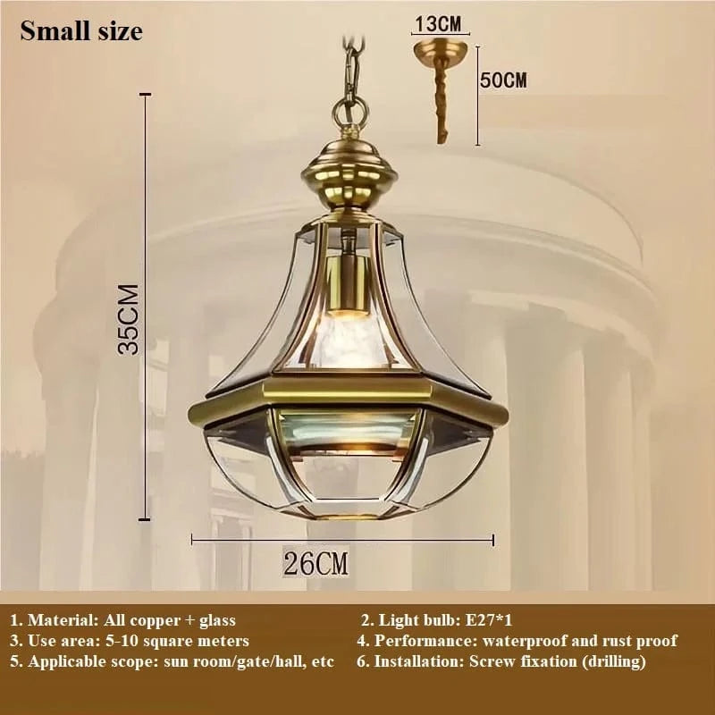 Suspension extérieure Style américain Rustique en cuivre plein Étanche pour Villa Porche Solarium/Couloir/Balcon Pavillon Pavillon Lampe en Laiton