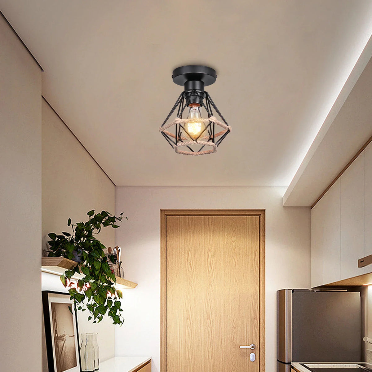 Plafonnier rétro en métal pour intérieur d'allée, avec cage en fer et corde de chanvre