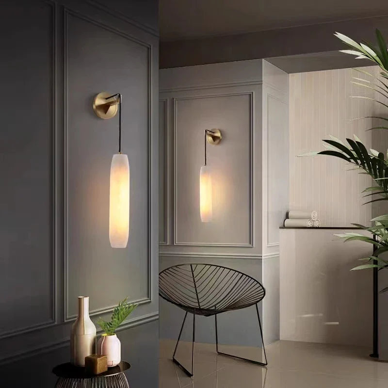 Applique murale cylindrique en marbre naturel avec fil de cuivre ajustable