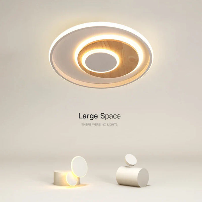 Plafonnier rond moderne en bois véritable avec LEDs décoratives - Éclat Naturel