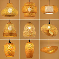 Suspension LED en rotin artisanale ronde, chapeau de paille en bambou style vintage pastoral