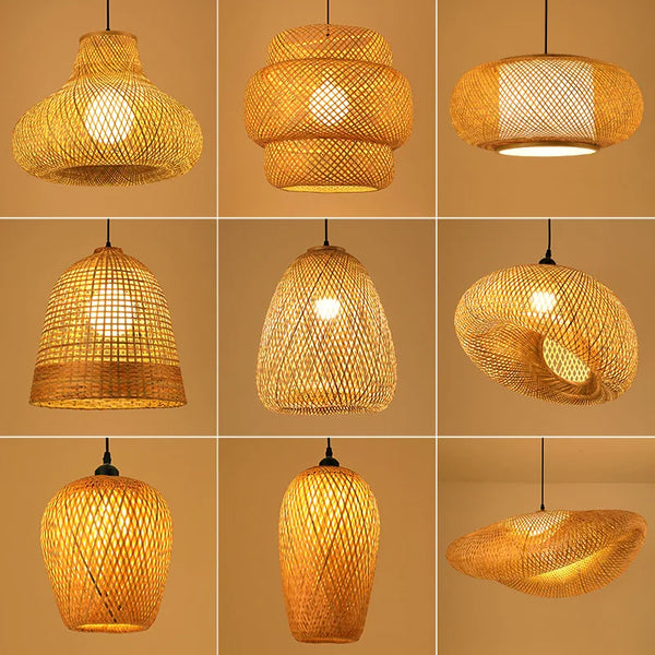 Suspension LED en rotin artisanale ronde, chapeau de paille en bambou style vintage pastoral