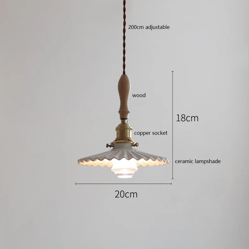 Suspension japonaise en céramique et bois de frêne vintage