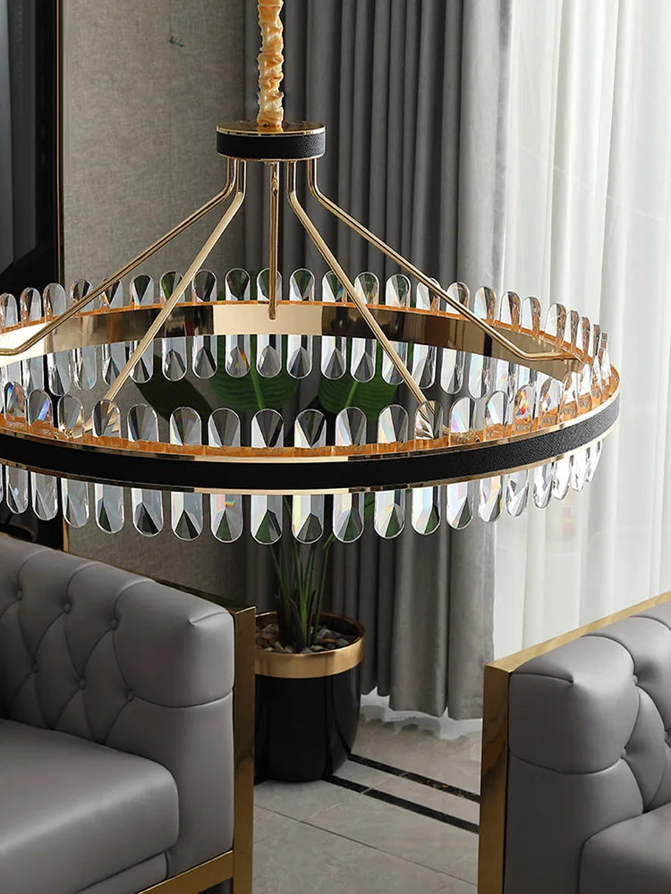 Lustre en cuir LED Cristal Luxueux Rond Suspendu Moderne - Élégance Brillante