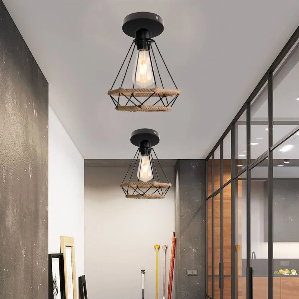 Plafonnier rétro en métal pour intérieur d'allée, avec cage en fer et corde de chanvre