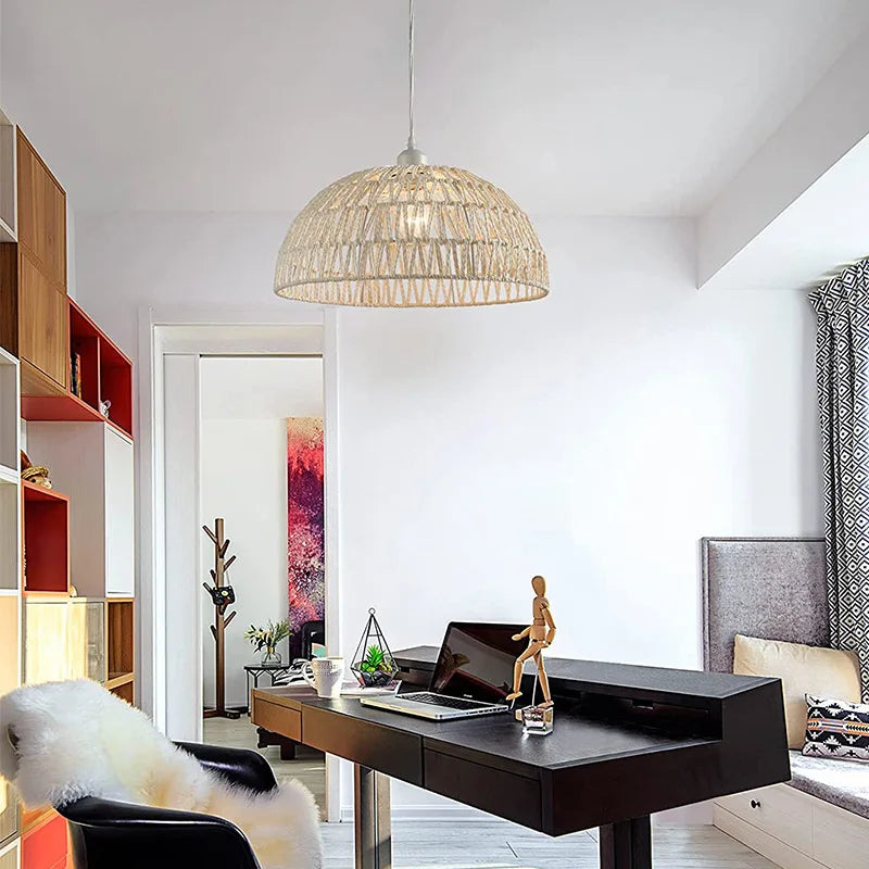 Lustre en corde de chanvre japonais et rotin zen - Fusion de styles naturels