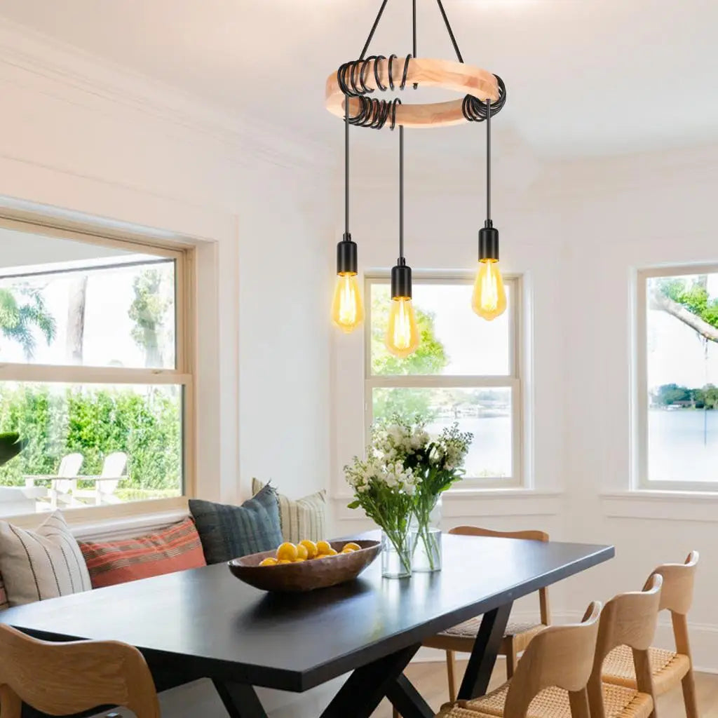 Lustre nordique à suspension industrielle en bois avec 3 têtes  pour chambre salon cuisine