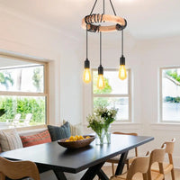 Lustre nordique à suspension industrielle en bois avec 3 têtes  pour chambre salon cuisine