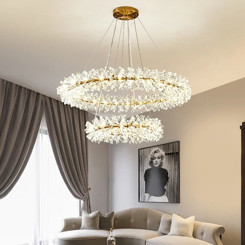 Lustre en cristal de fleur moderne luxe Suspension LED pour salon 60 80 100 cm anneaux suspendus