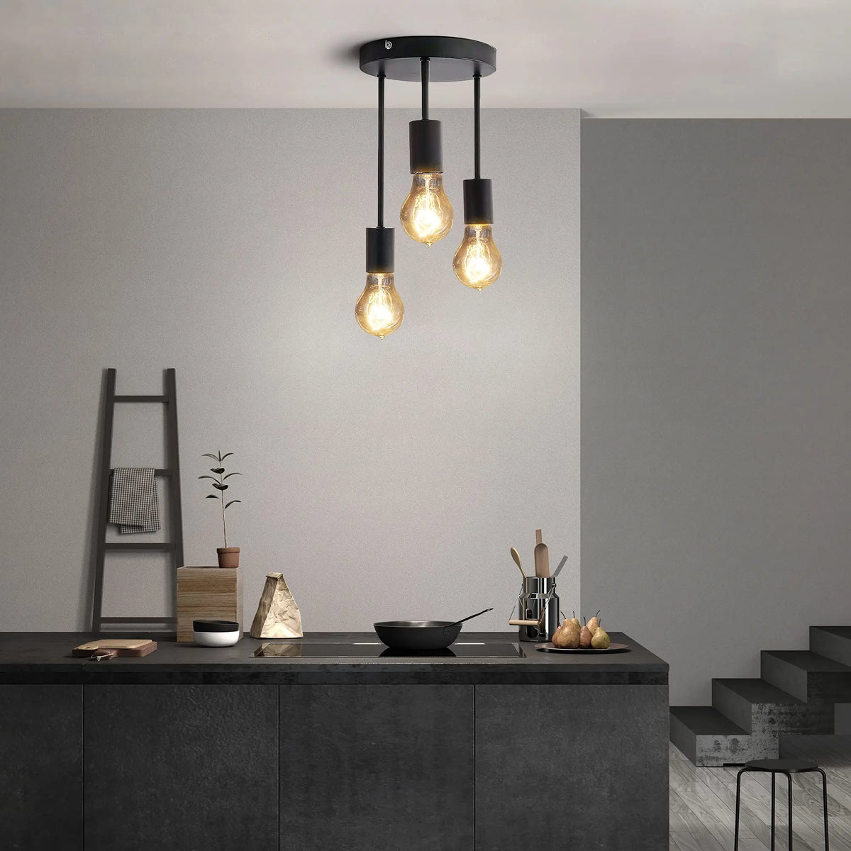 Grensk - Plafonnier Industriel Noir 3 Têtes Ampoules Luminaire Vintage Pour Cuisine Balcon Porche Salon