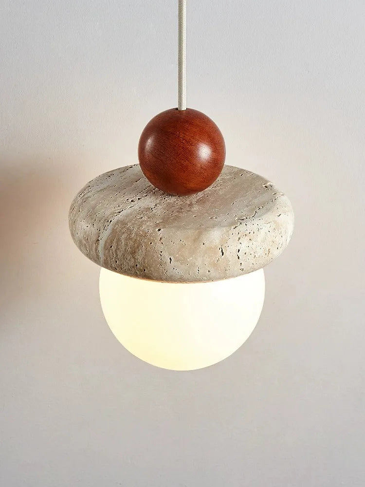 Suspension Led Style crème médiévale Memphis - Petite pierre claire et bois