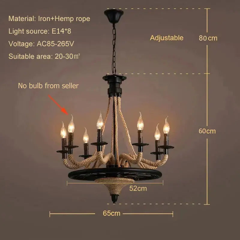 Lustre loft américain en bois et corde de chanvre industrielle