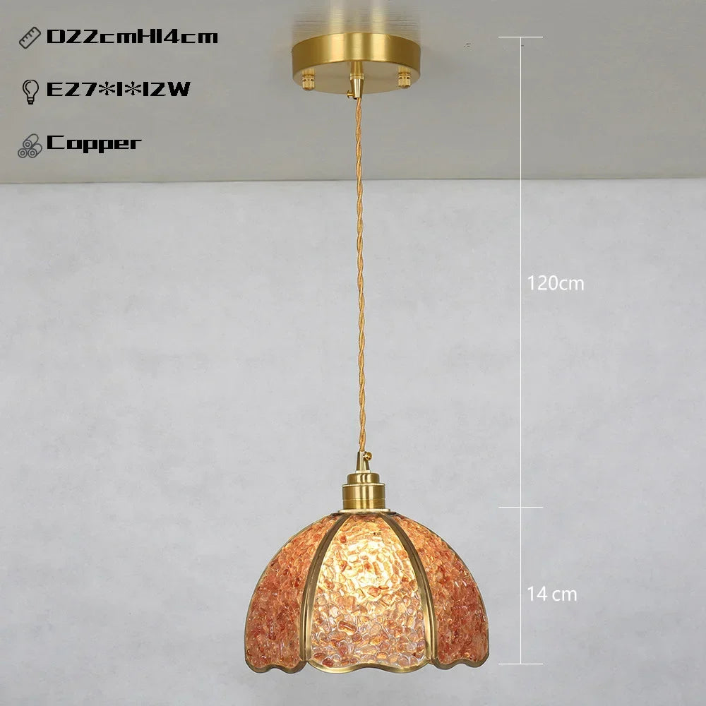 Suspension de luxe en cuivre et cristal naturel à LED