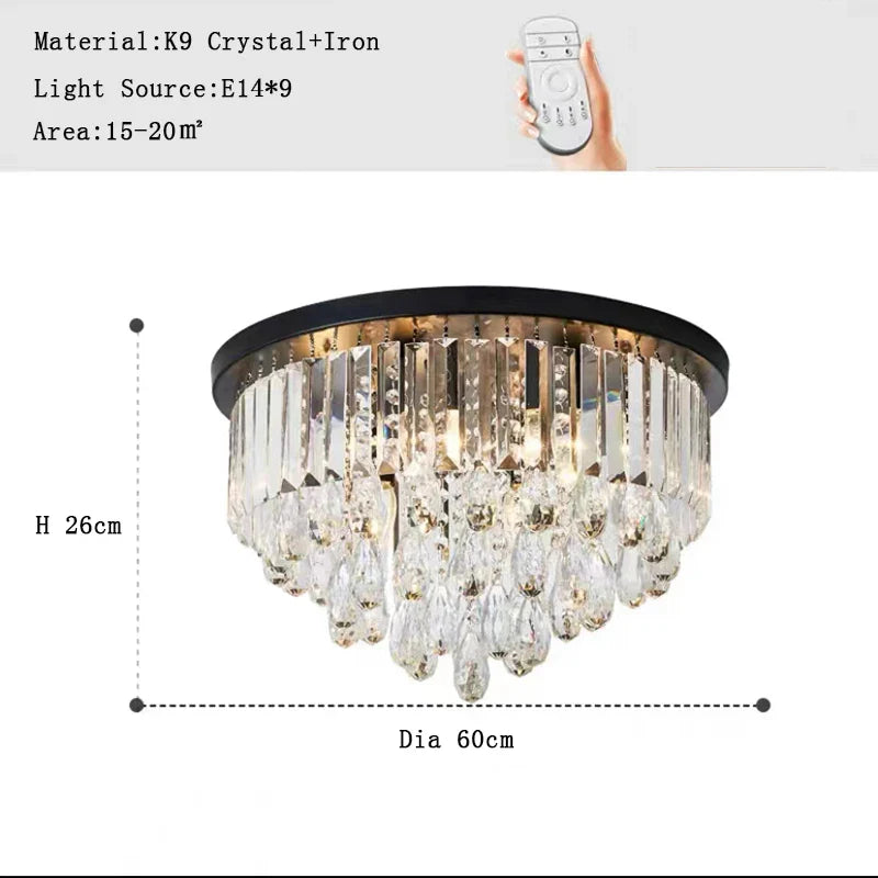 Lustre LED dimmable en cristal, style américain de luxe.