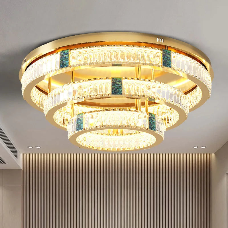 Lustre de Luxe en Cristal Rond à 3 Couches avec LED