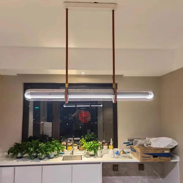 Lustre Long Design Moderne - Décoration Maison LED Luxe Cuir Verre