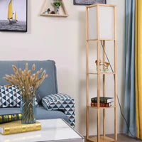 Lampadaire LED SkyFlo Nordic - Étagère de rangement en bois massif avec support fleur - Pour salon, chambre, bibliothèque
