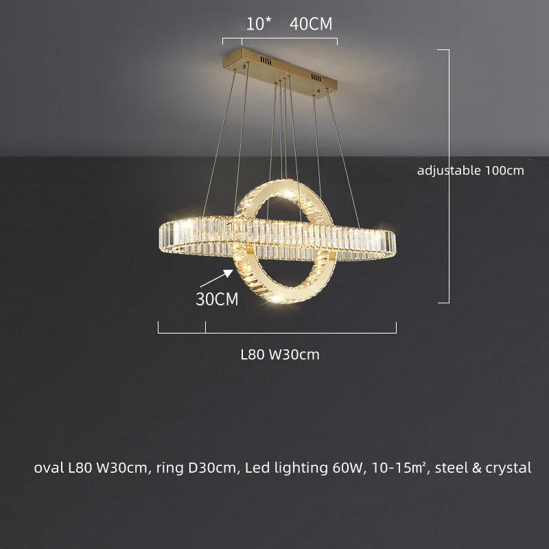Lustre LED moderne en acier doré avec cristaux et câble ajustable