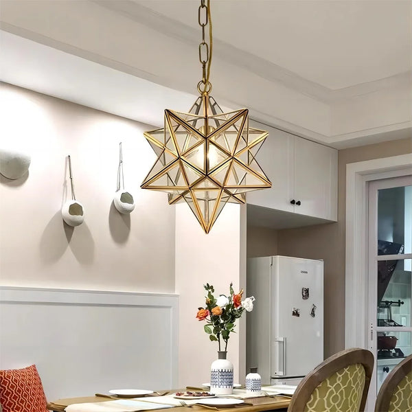 Lustre géométrique rétro en cuivre nordique avec étoile en verre